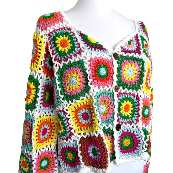 Goodnight Macaroon Sweater Cardigan Hand Knit Crochet Cottagecore Boho Granny OS - Picture 4 of 10